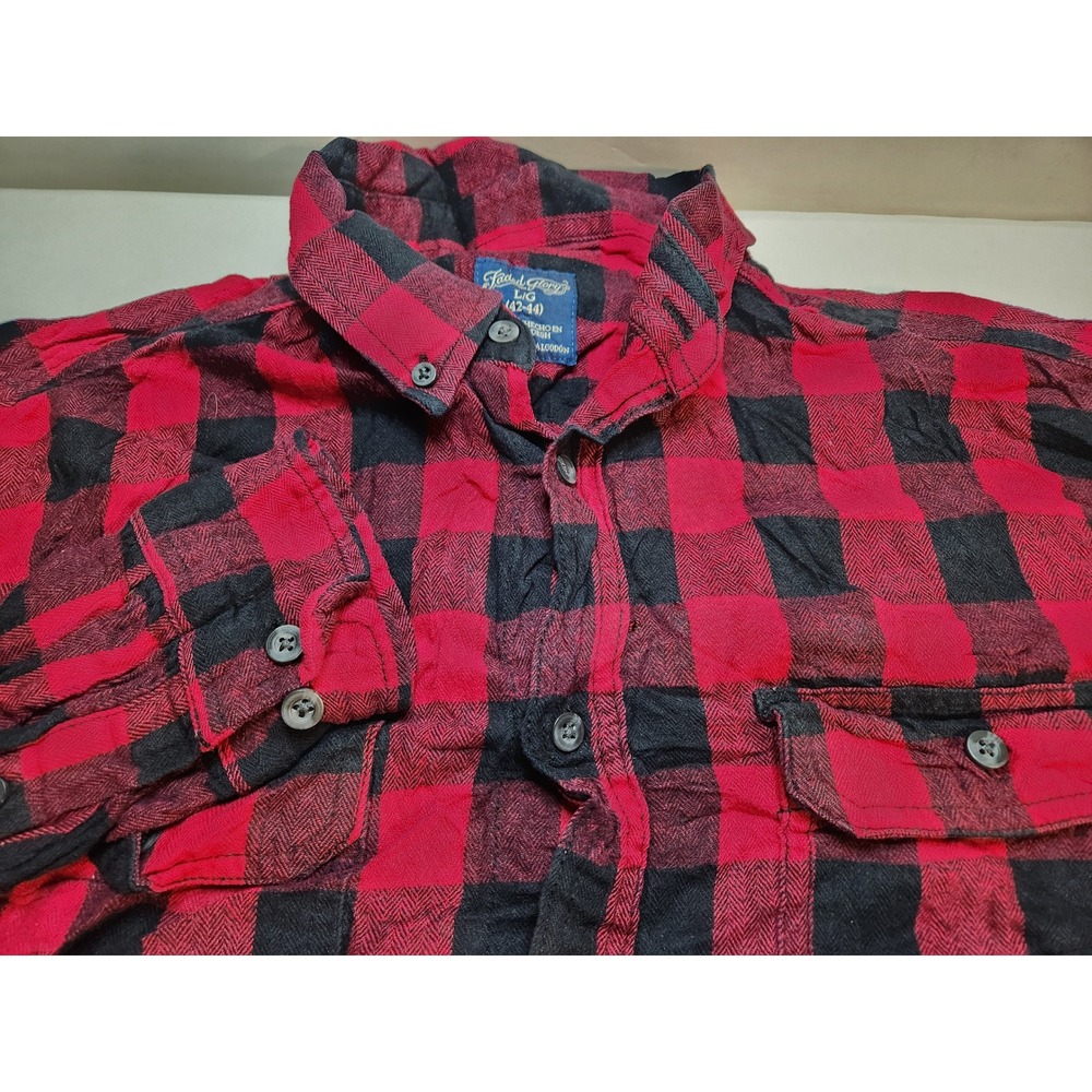 Faded Glory Mens Red Black Plaid Flannel Shirt L Long Sleeve Button Up
